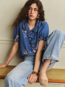 Écloséra Women's Elegant French Blue Floral Embroidered Shirt,Summer Tea Party Ruffle Commuting Fashion Craft Contrast Versatile Long-Sleeved Shirt - Blue - View 3