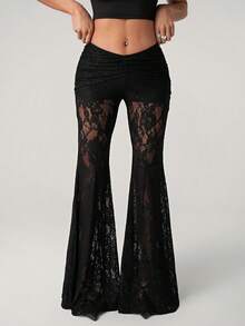 SHEIN ICON Women's Lace Low Waist Front Ruched Flare Pants, Sheer Sexy For Outing - Black - View 3