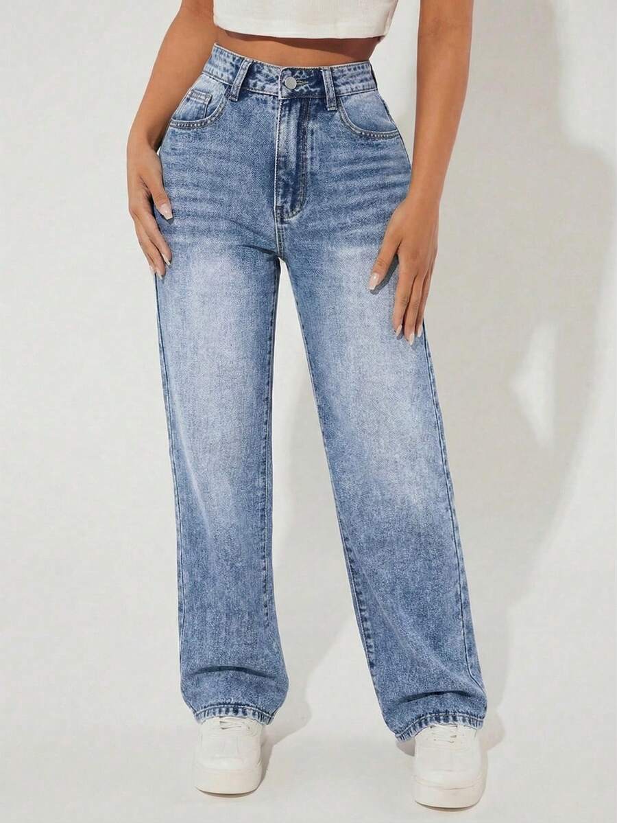 SHEIN PETITE Quần jeans ống đứng cạp cao, giặt mài, phong cách thường ngày - Rửa trung bình - Xem 1