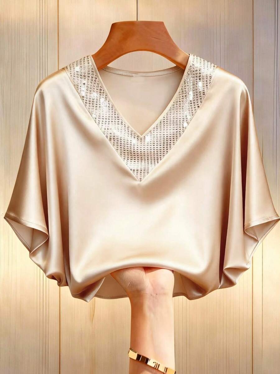 Franclia Elegant Champagne Gold Summer Satin Blouse For Women,Aniversary French Style V-Neck Batwing Sleeve Shirt,Sequins Embellishment Smooth Fabric Top - Champagne - View 1