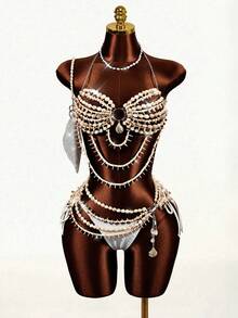 BamGleam Conjunto de bikini sexy con cuentas y conchas para vacaciones de verano de mujer - Beis - Ver 2