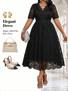 Fleurora 大码春夏秋冬优雅派对黑色蕾丝连衣裙小黑裙 - 黑色 - 查看 1