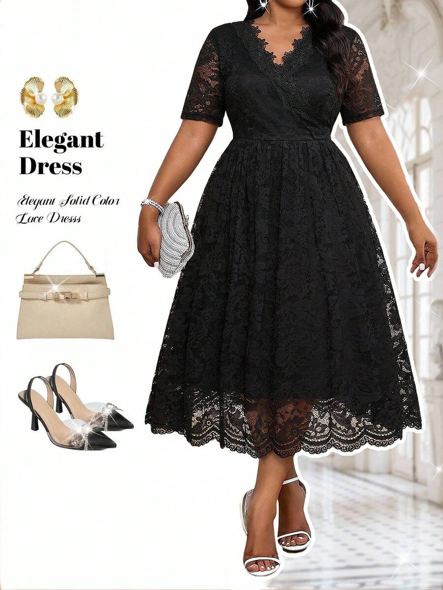 Fleurora 大码春夏秋冬优雅派对黑色蕾丝连衣裙小黑裙 - 黑色 - 查看 1