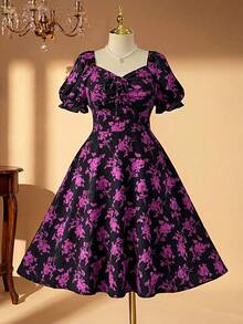 Pretty and Ole Plus Size Women Floral Print V-Neck Short Sleeve Knee-Length Dress - Purple - View 2