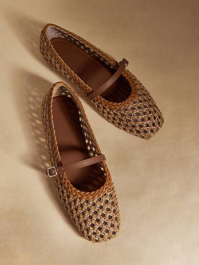 Rosivie Stylish And Exquisite Mesh Hollow Flat Women's Shoes, Fashionable And Comfortable, French Square Toe Elegant Flat Shoes