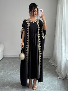 SHEIN Elenzya Women's Sleeveless Open Front Gold Lace Splice Cuff Long Cardigan & Fitted Maxi Dress 2-Piece Set, Elegant For Party - Black - View 4