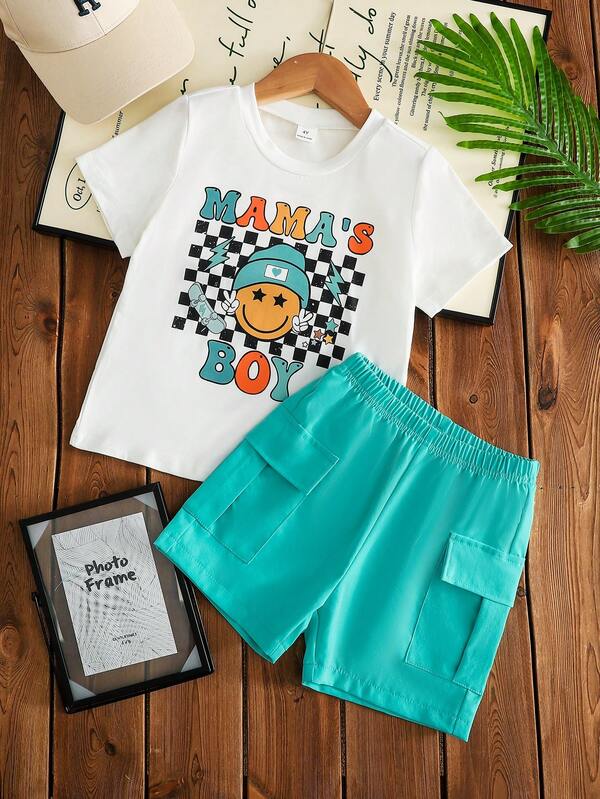 SHEIN 2pcs/Set Young Boy Face Print T-Shirt And Shorts Set, Suitable For Casual, Holiday, Sports, Summer
