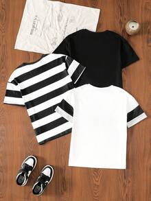 SHEIN Bộ 3 áo thun ngắn tay in chữ cho bé trai tuổi teen, màu trơn và phối sọc, cổ tròn, thích hợp cho các dịp thường nhật, nghỉ lễ, thể thao, mùa hè. - Nhiều màu - Xem 2