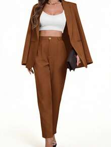 Aveloria Modichic Áo blazer cổ ve lật màu trơn, kiểu dáng thường ngày, thích hợp cho mùa xuân/thu. - Cà phê nâu - Xem 6