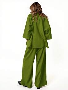 Aveloria Modichic 2件套 女士混纺侧开衩宽松衬衫和高腰阔腿裤 优雅商务休闲女装 - 綠色 - 查看 6