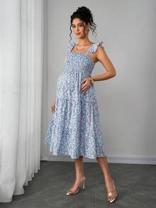 Momance Maternity Sleeveless Square Neck Ruffle Hem Casual Bohemian Midi Dress, Suitable For Baby Shower Photo Shoot - Multicolor - View 5