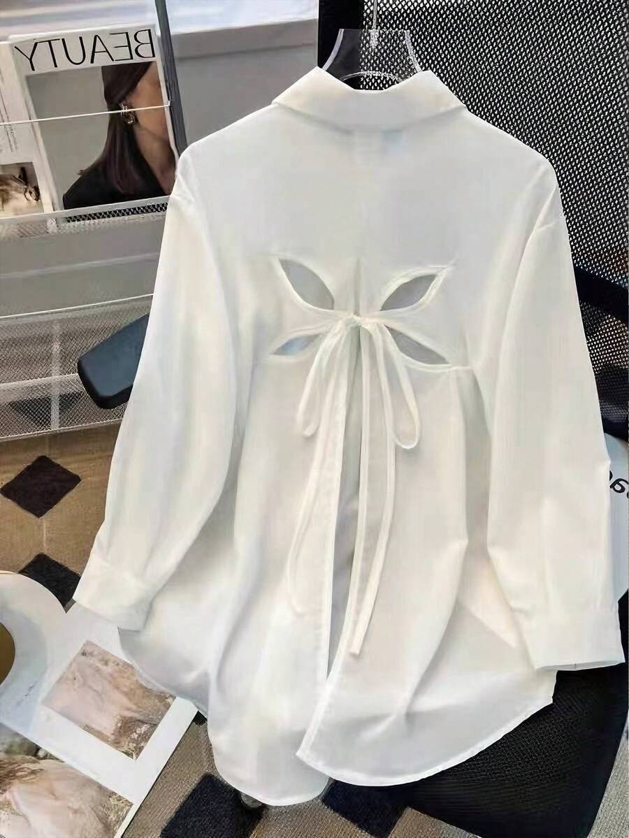 GlowEve 白色蝴蝶镂空露背蝴蝶结宽松长袖衬衫 - 白色 - 查看 1