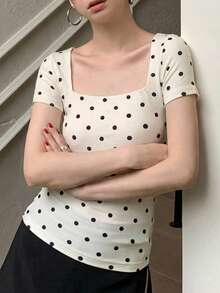 DAZY Women's Round Neck Polka Dot Print Ruched Short Sleeve Fitted T-Shirt - Apricot - View 3