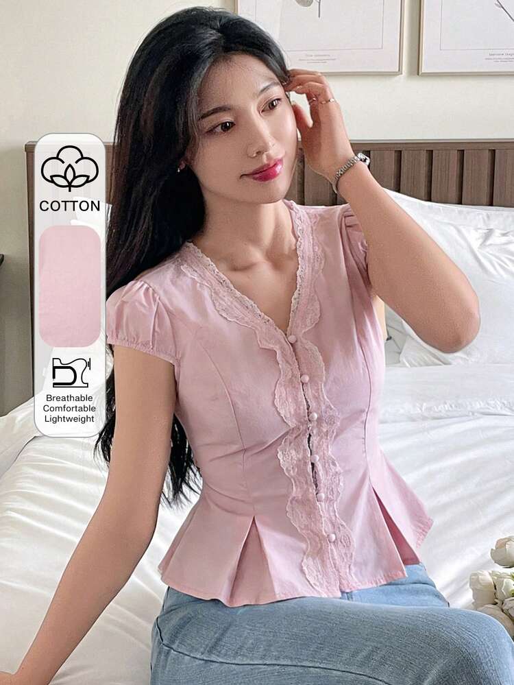 Women's Casual Lace Patchwork Shirt, Elegant Slim Fit Cardigan, Suitable For Spring/Summer, Valentine's Day, Wedding