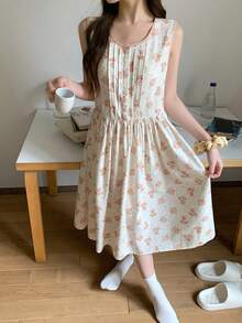 Summer Sweet Floral Cat & Dog Print Pleated Sleeveless Women Nightgown - Beige - View 12
