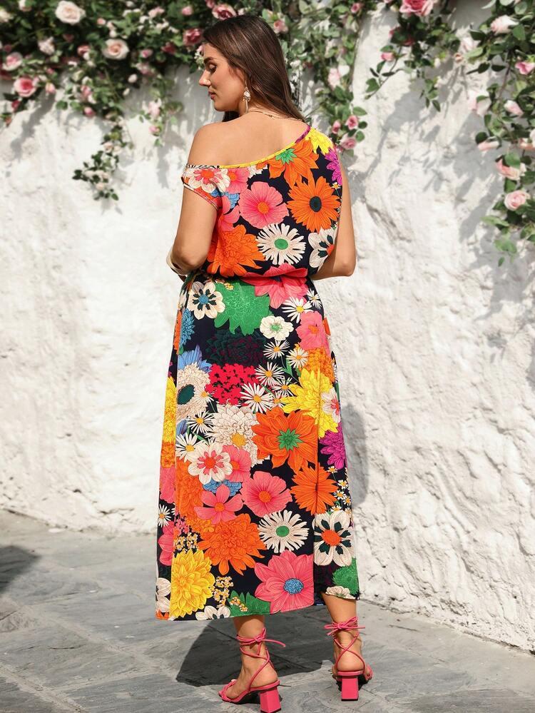 Plus Size Women's Summer Casual Vacation Elegant Floral Print Asymmetrical Shoulder Slit Maxi Dress, Romantic Holiday Style, Spring/Summer\Summer\Vacation\Flower,Summer Holiday,Spring Break Outfits ,Vacation Outfits Women ,Holiday Outfits For Women,Going Out Outfits,2026 New Clothes,Simple And Fashionable For Everyday Wear,Suitable For Summer, Vacation,Daily Wear,Beach Outfits For Women ,Casual Vacation Boho Dress