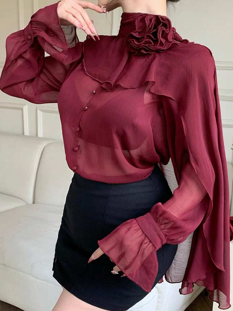 Women's Elegant Solid Color 3D Floral Semi-Sheer Blouse