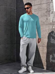 Manfinity Homme Men's Solid Color Round Neck Casual Versatile Long Sleeve T-Shirt, Spring/Summer - Baby Blue - View 3