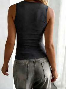 DAZY Camiseta casual sexy de mujer con cuello en V, diseño de encaje y parches, manga larga ajustada y lazo - Gris - Ver 2