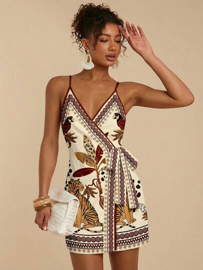 Travachic Casual Minimalist Vacation Bohemian Elegant Romantic Retro Coconut Tree Tiger Leopard Parrot Tropical Brown Printed Pattern Beach Outfit, Summer Dress For Women