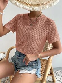 SHEIN Essnce 女士休闲纯色圆领短袖T恤 - 珊瑚粉 - 查看 5