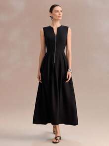 Uhlyne 极简主义前拉链无袖休闲度假连衣裙，收腰设计，宽褶裙摆，复古度假风，适合日常休闲和通勤穿着。 - 黑色 - 查看 5