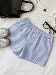 SHEIN Tween Girls' Striped Print Elastic Waist Casual Shorts - Blue and White - View 5