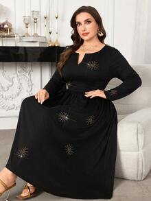 Modelyn Plus Size Women's V-Neck Fitted Rhinestone Decor Waist Cinched Textured Knit Dress, Casual For Spring/Summer - Black - View 1