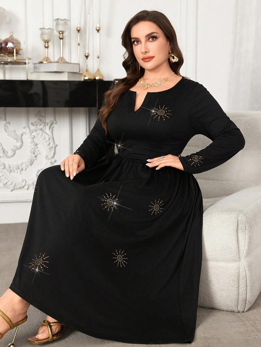 Modelyn Plus Size Women's V-Neck Fitted Rhinestone Decor Waist Cinched Textured Knit Dress, Casual For Spring/Summer - Black - View 1