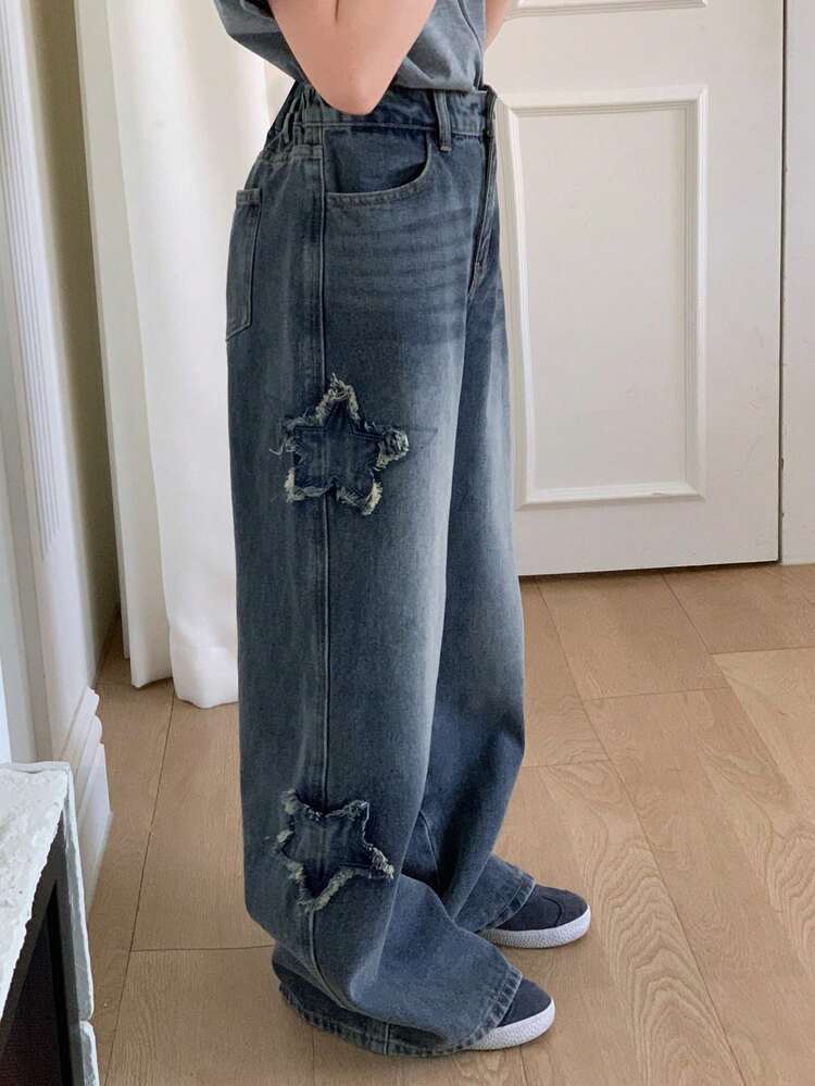 Tween Girls Five-Pointed Star Decorated Denim Jeans