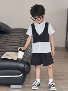 SHEIN Little Byeori Young Boys Casual Striped Shirt/Shorts 2 Pieces Set - Multicolor - View 3