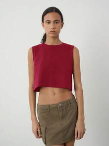 SHEIN BASICS 女士纯色圆领休闲宽松露脐背心 - 酒紅色 - 查看 2