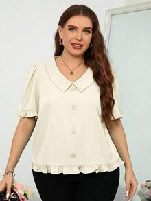 SHEIN Clasi 大码优雅简约纯色荷叶边纽扣装饰衬衫，夏季 - 杏色 - 查看 4