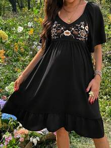 SHEIN Embroidered Maternity Casual Short Sleeve Dress - Black - View 1