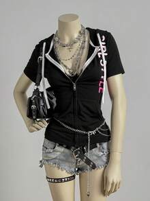 SHEIN DivaQ 女士时尚印花黑色短袖卫衣 - 黑色 - 查看 3