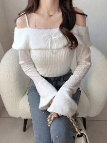 Áo thun nữ trơn màu, tay dài, trễ vai, cổ tay loe, dáng ôm, đa năng, thích hợp cho mùa xuân/hè. - Màu be - Xem 1