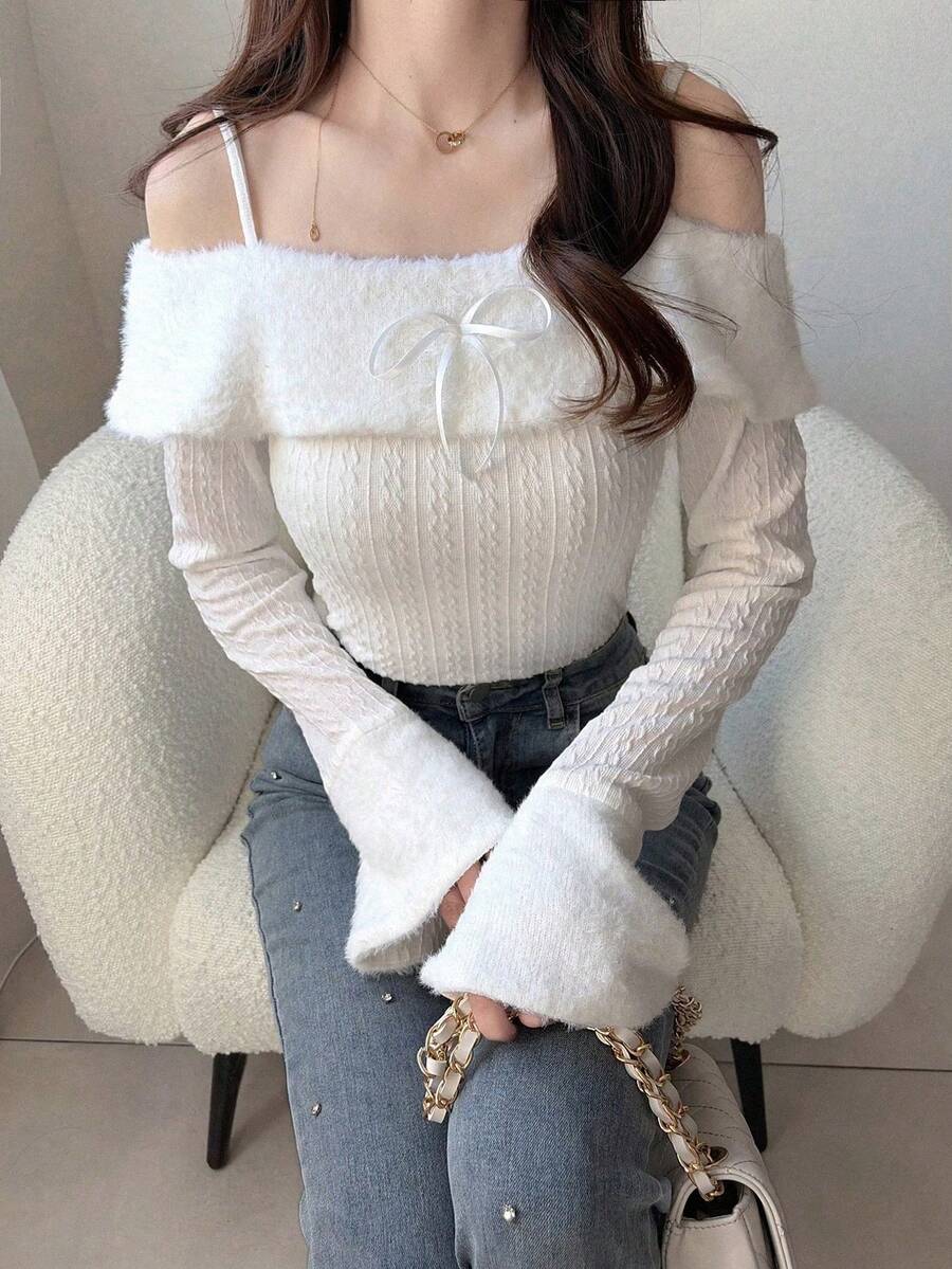 Áo thun nữ trơn màu, tay dài, trễ vai, cổ tay loe, dáng ôm, đa năng, thích hợp cho mùa xuân/hè. - Màu be - Xem 1