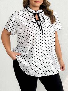 SHEIN CURVE+ Áo sơ mi tay ngắn chấm bi cỡ lớn, thời trang mùa hè, trang phục công sở thường ngày cho nữ/2026/năm mới - Đen và trắng - Xem 4