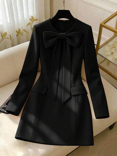 Airaco Elegant Commuter New Year Valentine's Day Bow Decor Long Sleeve Women Dress