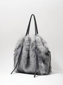 ROMWE Grunge Punk 女士单肩包，流浪包，毛绒包，仿皮草，毛绒，毛绒绒，时尚，个性，百搭，街头风，甜美酷女孩，辣妹，Y2K，朋克，秋冬款（随机图案） - 黑與白 - 查看 2