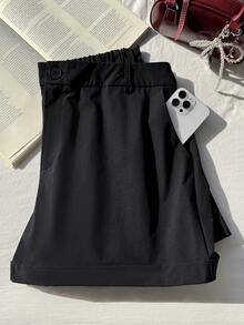 SHEIN EZwear Short décontracté unicolore avec poches, adapté pour le printemps et l'été, grande taille - Noir - Voir 5