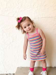 SHEIN Baby Girls Rainbow Striped Elastic Cute Sleeveless Dress, Spring/Summer - Pink - View 11