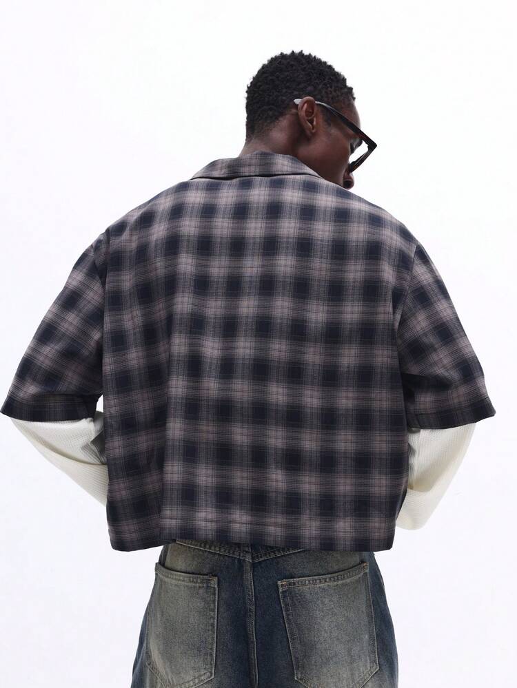 SUMWON Casual Crop Fit Double Layered Button Front Plaid Shirt With Short Sleeves And Spread Collar For Everyday Wear