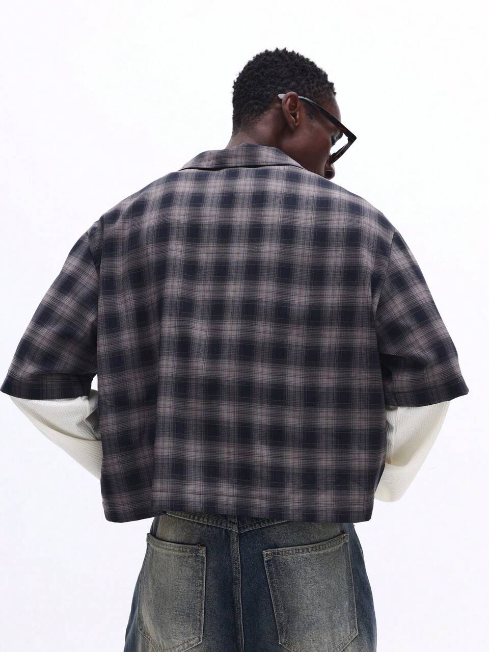 SUMWON Chemise à carreaux à double couche, boutonnée devant, avec manches courtes et col étalé, coupe casual pour un port quotidien