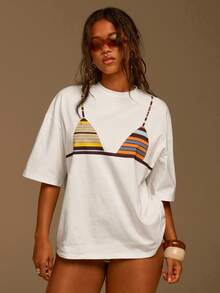 Athîral Women's Printed Loose Fit Round Neck Drop Shoulder T-Shirt - White - View 4