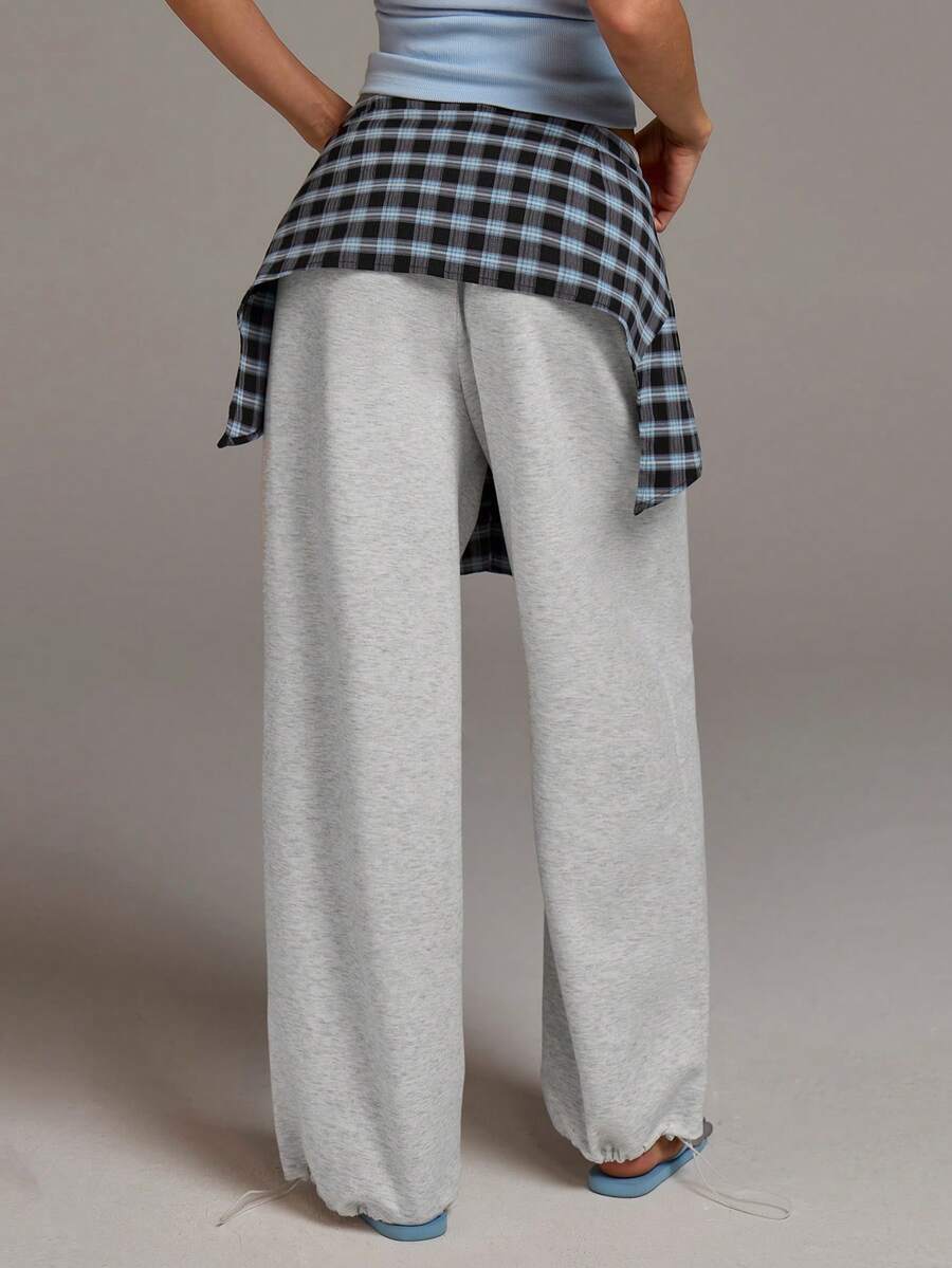 Athîral 女士休闲时尚街头格子拼接抽绳腰带二合一长裤 - 灰色 - 查看 1