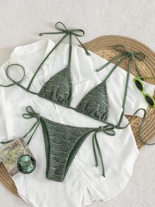 Swim Vcay 女士军绿色网纱镂空打结露背优雅比基尼套装，适合海滩、音乐节、春夏女士比基尼套装，女士两件式泳衣，夏季节日服装，女士派对服装，海滩服装 - 軍綠色 - 查看 1