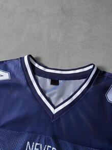 PAVTROS Kaos Pria Polos Kontras Leher V Lengan Pendek dengan Cetakan Angka Gaya Jersey Basket Kasual - Biru - View 6