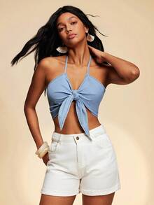 Travachic Women's Light Blue Denim Top, Sexy Camisole Top, Bikini Denim Outfit, Summer Drawstring Denim Top - Light Wash - View 2