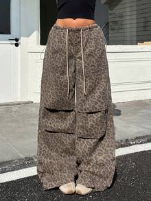 Flirla Quần jeans ống rộng nữ họa tiết da báo, cạp chun, kiểu dáng thường ngày, đa năng. - Nhiều màu - Xem 5